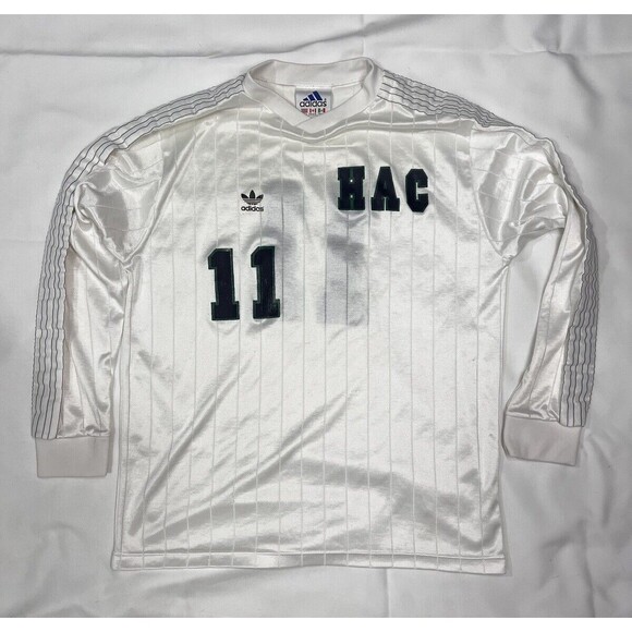 80s/90s Adidas Le Havre Athletic Club #11 White Pin Striped Jersey Sz L - Picture 1 of 10